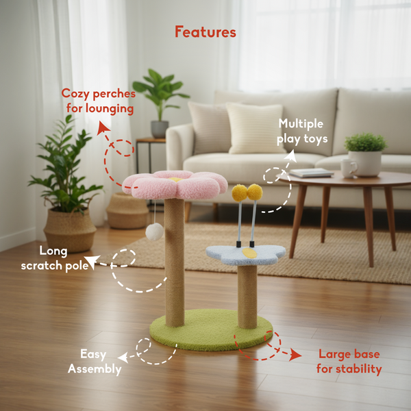 FurryLiving Meadow Flower Multi Level Cat Tree Scratching Post & Interactive Toys for Cats and Kittens