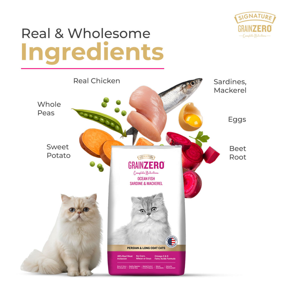 Signature Grain Zero Ocean Fish, Sardine and Mackerel Long Coat & Persian Adult Cat Dry Food