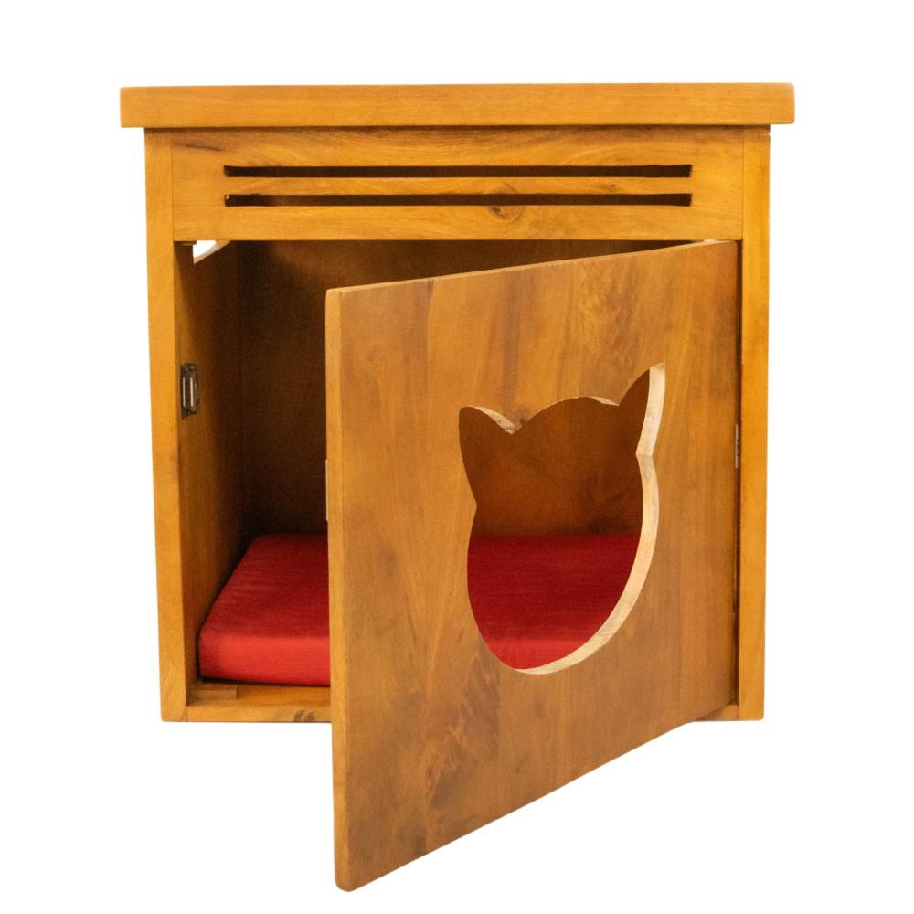 FurryLiving Meraki Cabinet with Cushion for Small Dogs and Cats (Honey/Red Cushion) Both-Furniture FurryLiving Dropship