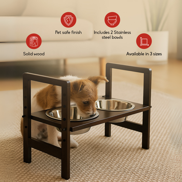 FurryLiving Linea Adjustable Elevated Raised Feeder with 2 Bowls for Dogs and Cats (Dark Brown)