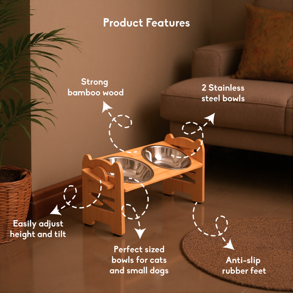 FurryLiving Modo Elevated Adjustable Bamboo Pet Feeder with 2 Bowls for Dogs and Cats