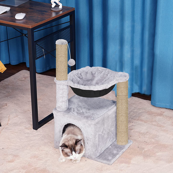 Furrlovers Plush Activity Cat Tree with Condo, Hammock & Jute Rope Scratching Posts for Kittens (Grey)