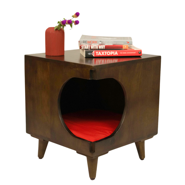 FurryLiving Wally Side Table with Cushion for Small Dogs and Cats (Dark Brown/Red Cushion)
