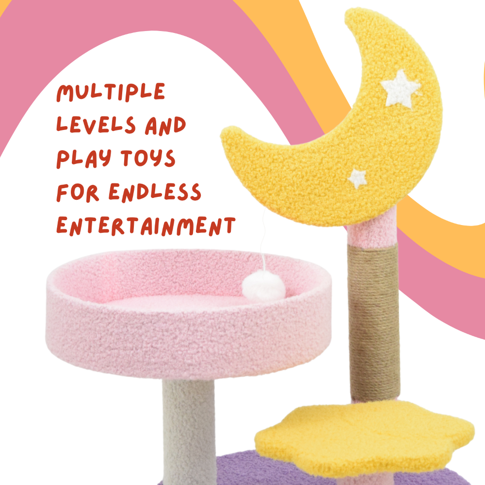 FurryLiving Tsuki Moon Themed Cat Tree 3 Tier Cat and Kitten Scratching Post and Hanging Toy for Cats Cats-Toys FurryLiving Dropship