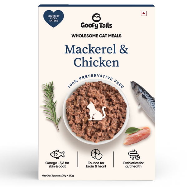 Goofy Tails Mackerel & Chicken and Himalayan Trout & Anchovies Meals and Chicken Bone Broth 100ml Combo for Cats