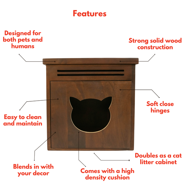 FurryLiving Meraki Cabinet with Cushion for Small Dogs and Cats (Dark Brown/ Red Cushion)