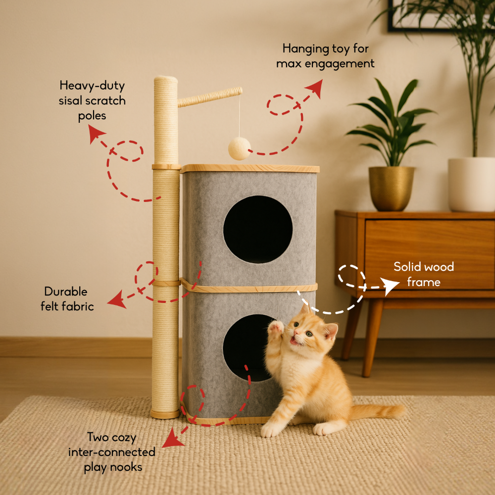 FurryLiving Nara Dual-Level Felt Condo with Scratch Pole & Hanging Toy Cat Tree Cats-Toys FurryLiving Dropship