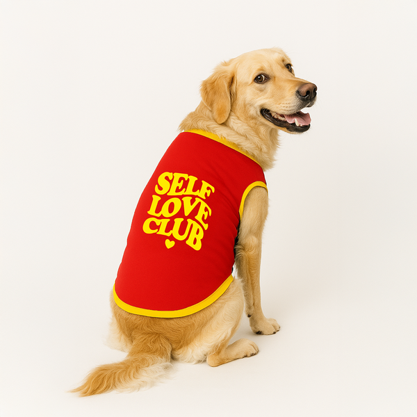 PawsIndia Self Love Club Printed with Ribbed Sleeves TShirt for Dogs (Red)