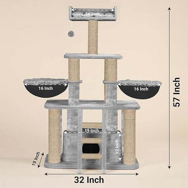 Furrlovers Fur Fabric Cat Tree with Hammocks, Condo & Jute Rope Scratching Posts (Grey)