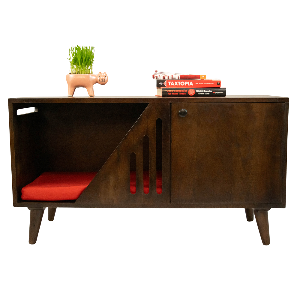 FurryLiving Benji Cabinet with Cushion for Small Dogs and Cats (Dark Brown/Red Cushion) Both-Furniture FurryLiving Dropship