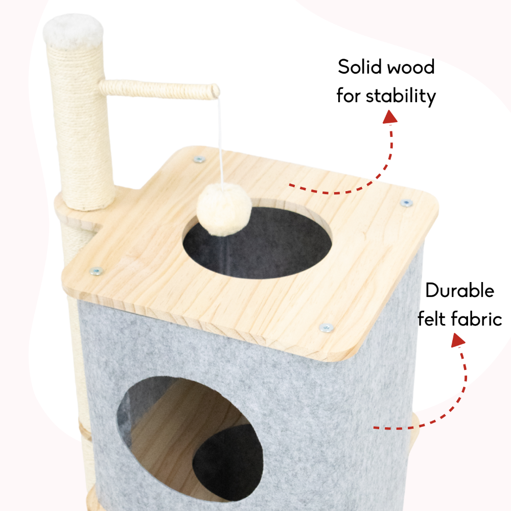 FurryLiving Nara Dual-Level Felt Condo with Scratch Pole & Hanging Toy Cat Tree Cats-Toys FurryLiving Dropship