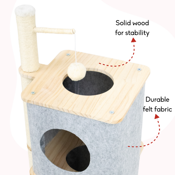 FurryLiving Nara Dual-Level Felt Condo with Scratch Pole & Hanging Toy Cat Tree