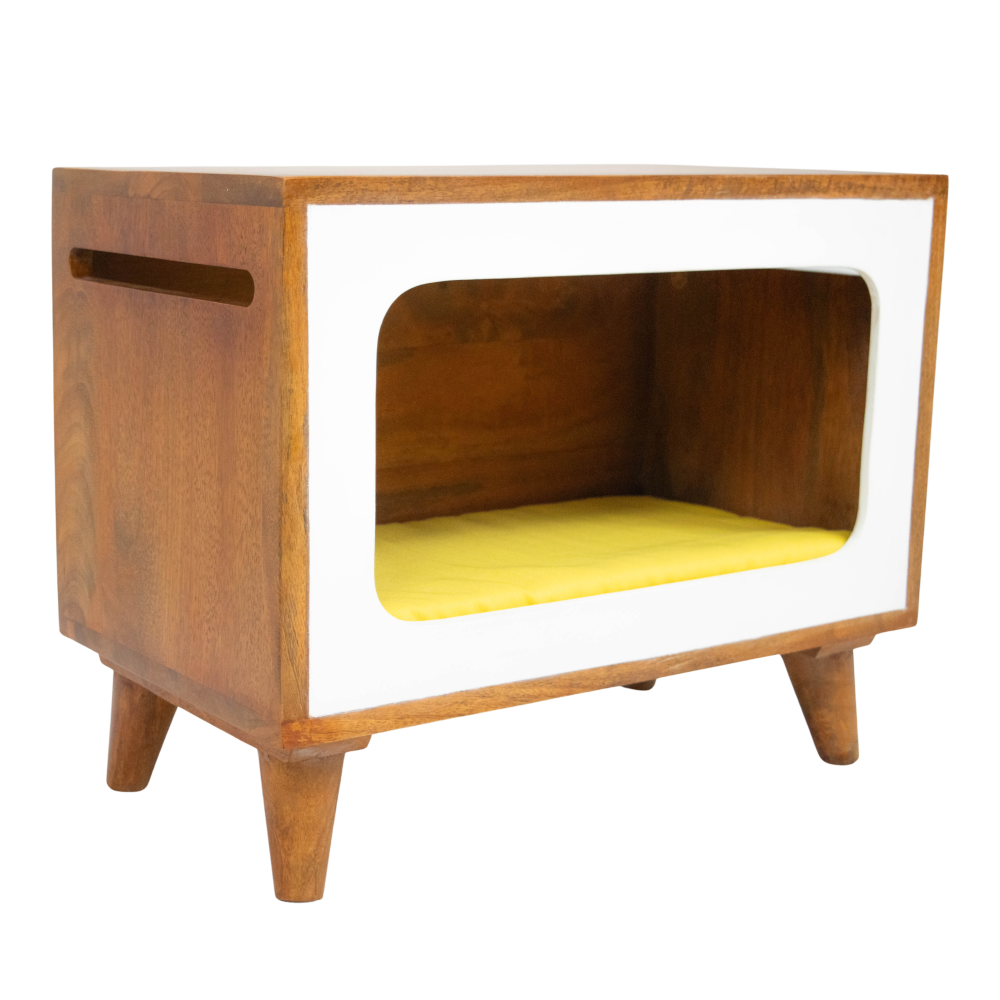 FurryLiving Telly Side Table with Cushion for Small Dogs and Cats (Honey/Yellow Cushion) Both-Furniture FurryLiving Dropship