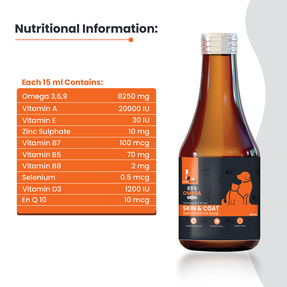 Lickicious Skin & Coat Syrup with Salmon Oil Omega 3 6 9 for Dogs & Cats Both-Health & Wellness Lickicious