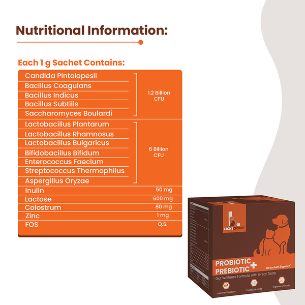 Lickicious Pre and Probiotics Sachets,Gut Health & Digestion for Dogs & Cats