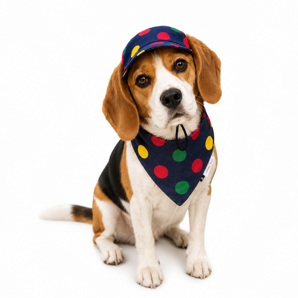 Pawgypets Denim Multi Polka Cap and Bandana Set for Dogs and Cats