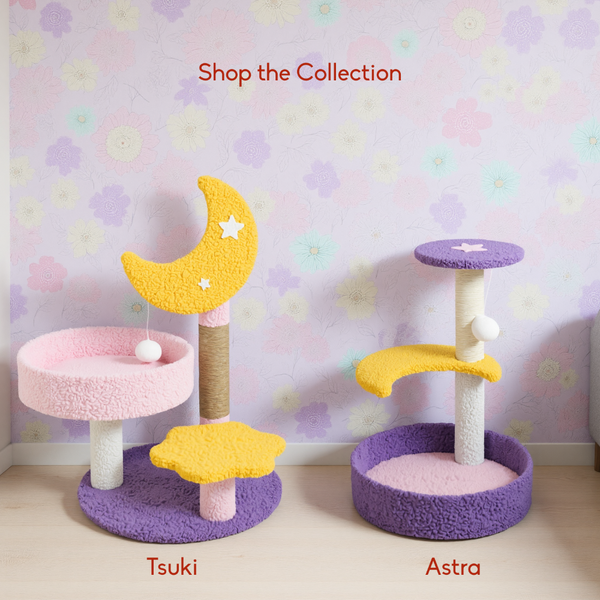 FurryLiving Tsuki Moon Themed Cat Tree 3 Tier Cat and Kitten Scratching Post and Hanging Toy for Cats