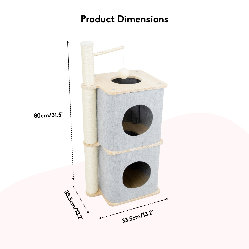 FurryLiving Nara Dual-Level Felt Condo with Scratch Pole & Hanging Toy Cat Tree Cats-Toys FurryLiving Dropship