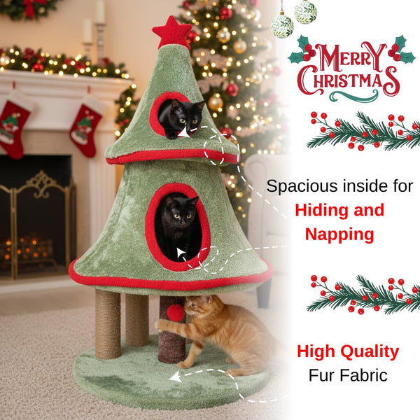 Furrlovers Christmas Tree Cat Scratching Post with Plush Condo & Dual Scratching Columns (Green)