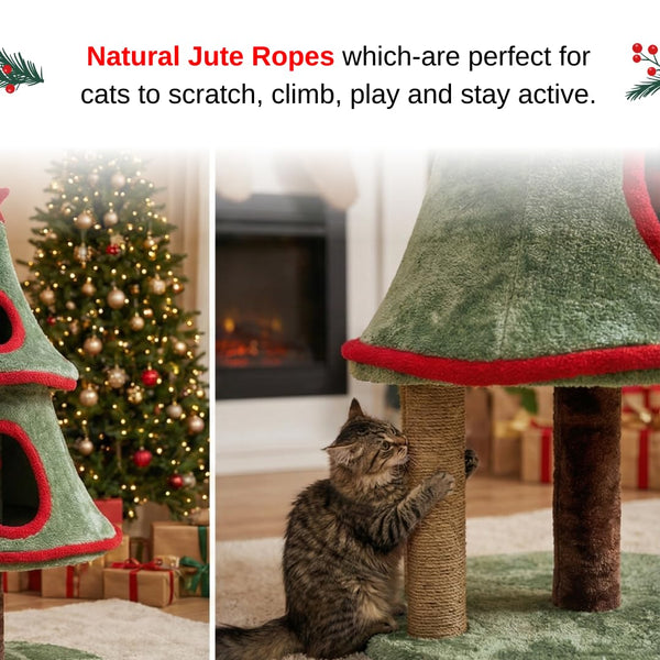Furrlovers Christmas Tree Cat Scratching Post with Plush Condo & Dual Scratching Columns (Green)