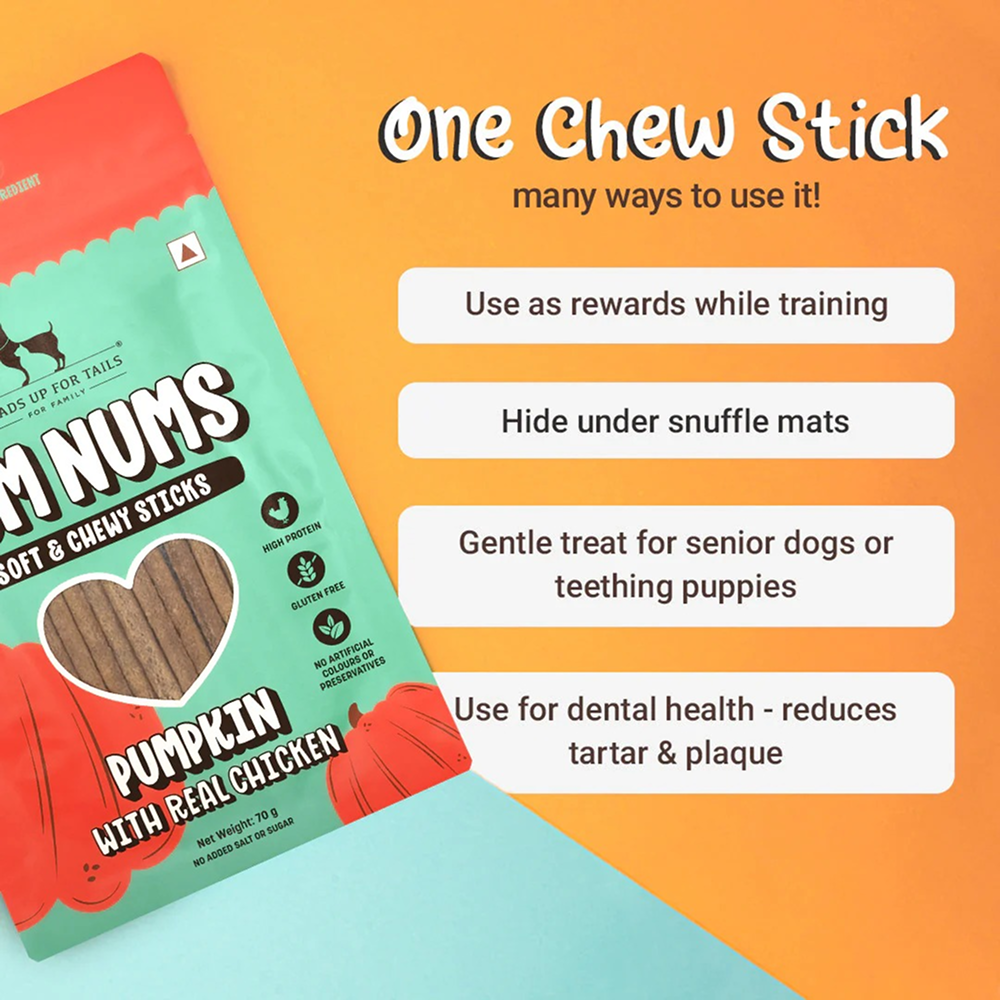 HUFT Yum Nums Pumpkin with Real Chicken Soft and Chewy Grain Free Sticks Treat for Dogs Dog Treats + Others Heads Up for Tails