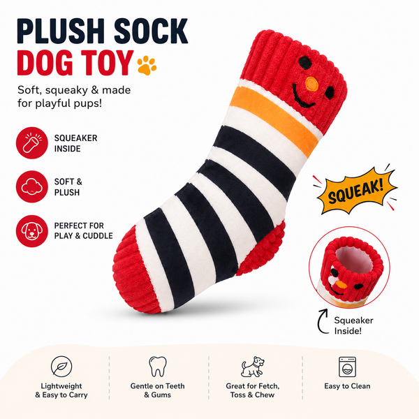 Talking Dog Club Mr.Socks Stripy Squeaker Plush Toy for Dogs (Red/Black)