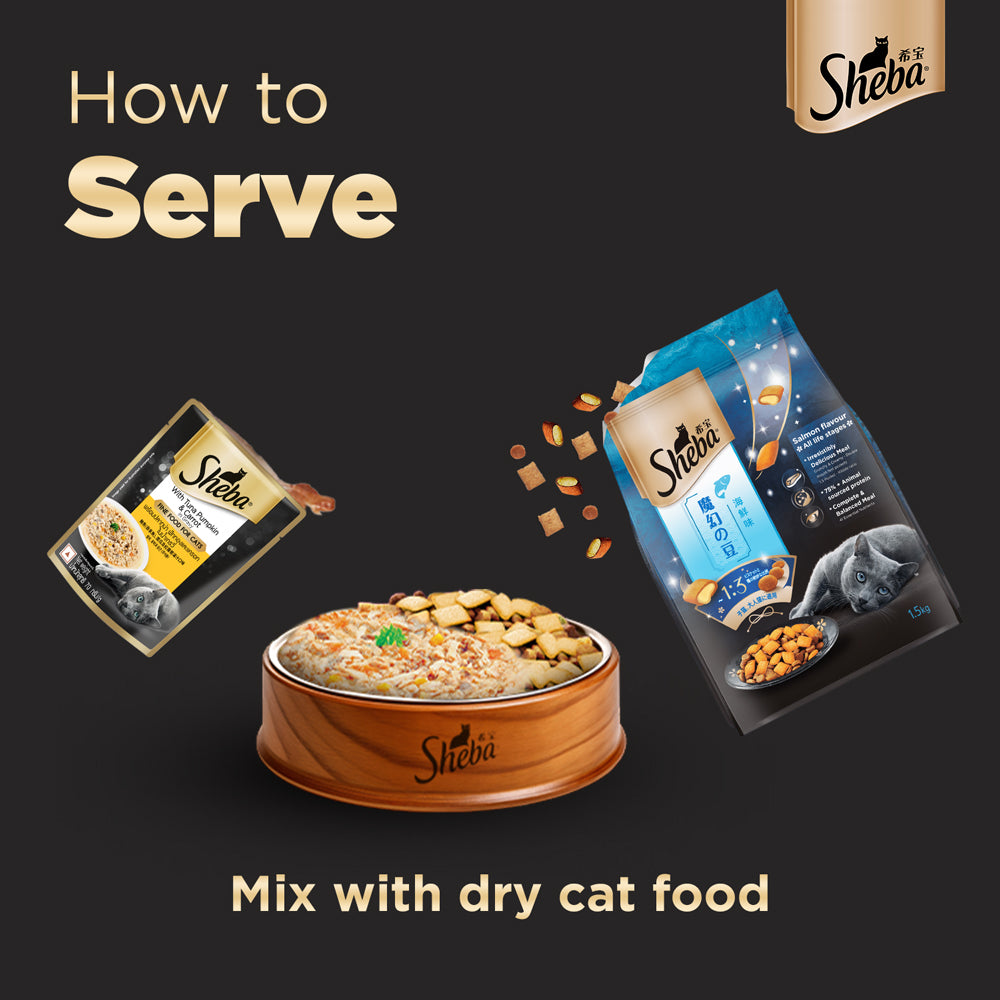 Carniwel Ocean Fish and Krill Dry Food and Sheba Tuna Pumpkin & Carrot In Gravy Rich Premium Adult Cat Wet Food Combo