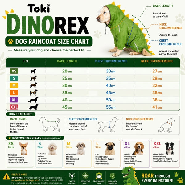 Toki DinoRex "Roar Through Every Rainstorm" Waterproof Raincoat for Dogs (Green)