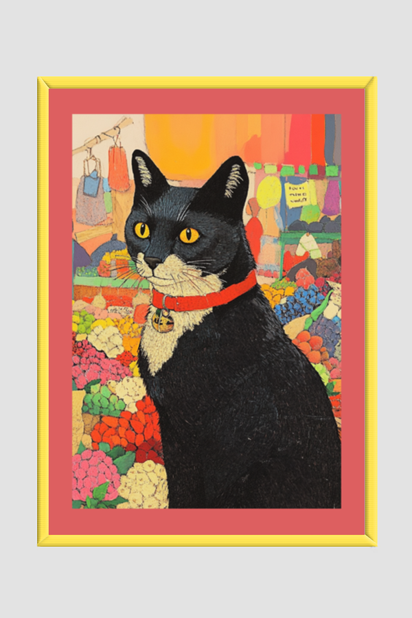 EverythingBoho Cat in Local Market Framed Art (Yellow)