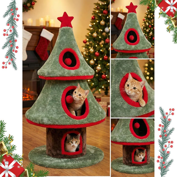 Furrlovers Christmas Tree Multi Level Cat Tower with Condo Hideouts & Scratching Posts(Green)