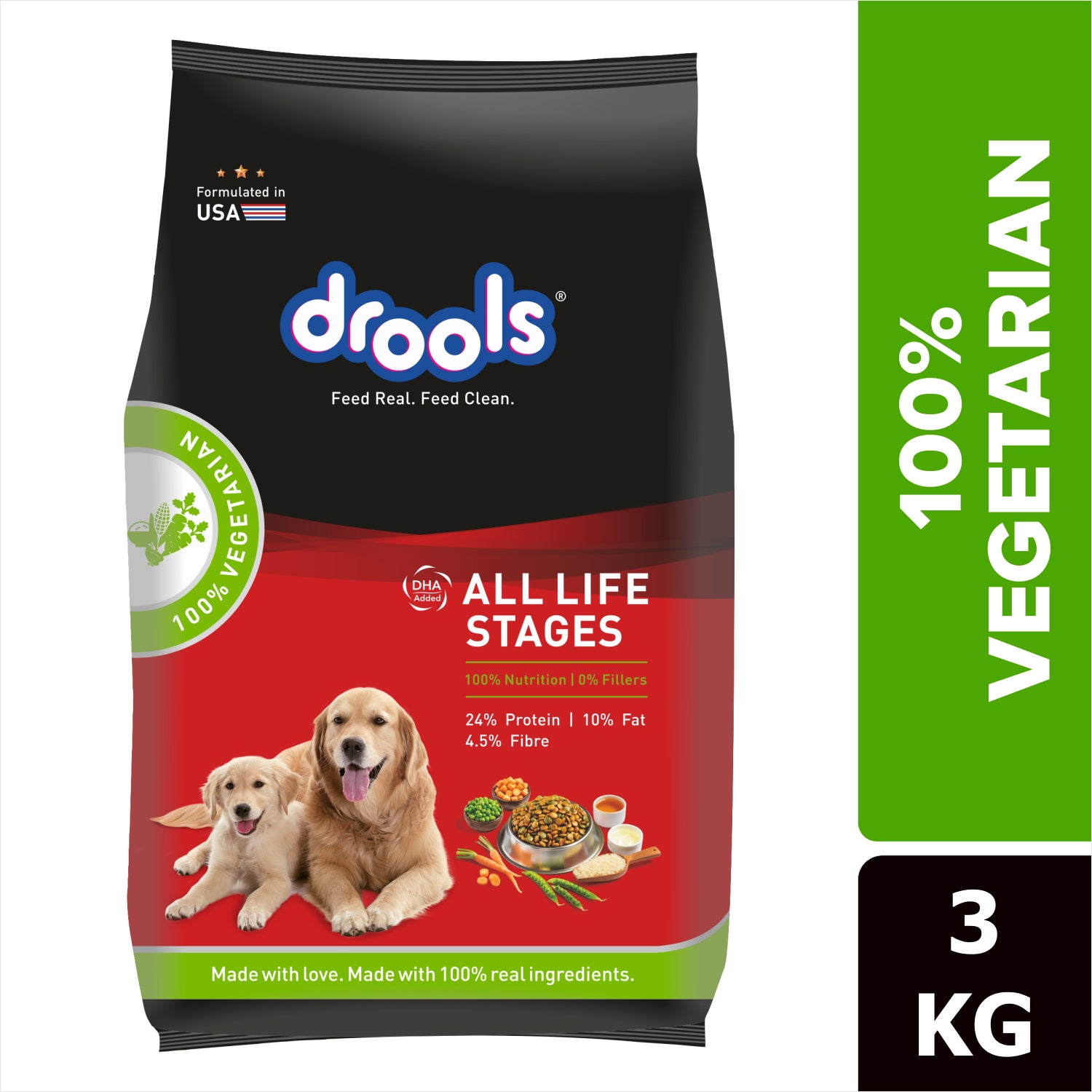 Drools 100% Vegetarian Puppy and Adult Dog Veg Dry Food (All Life Stages) Dogs- Dry Food Drools 3kg