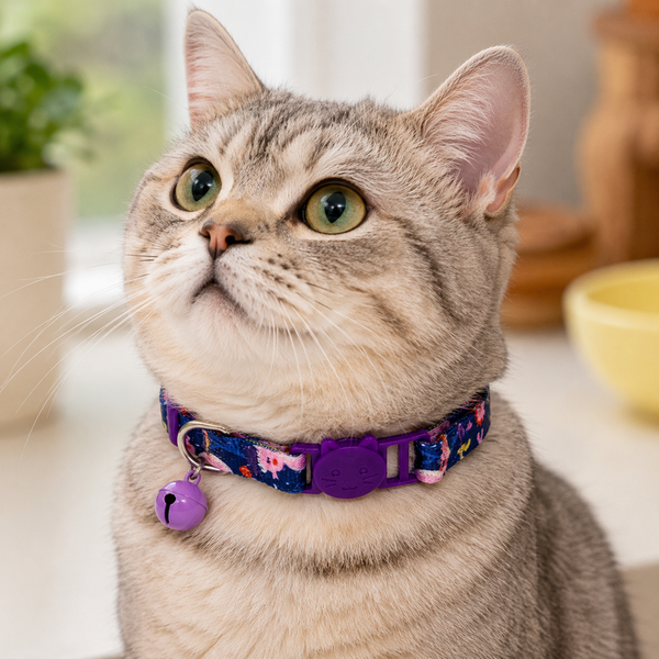 Talking Dog Club Everyday Collar with Sea Horse Bell for Cats (Navy/Purple)