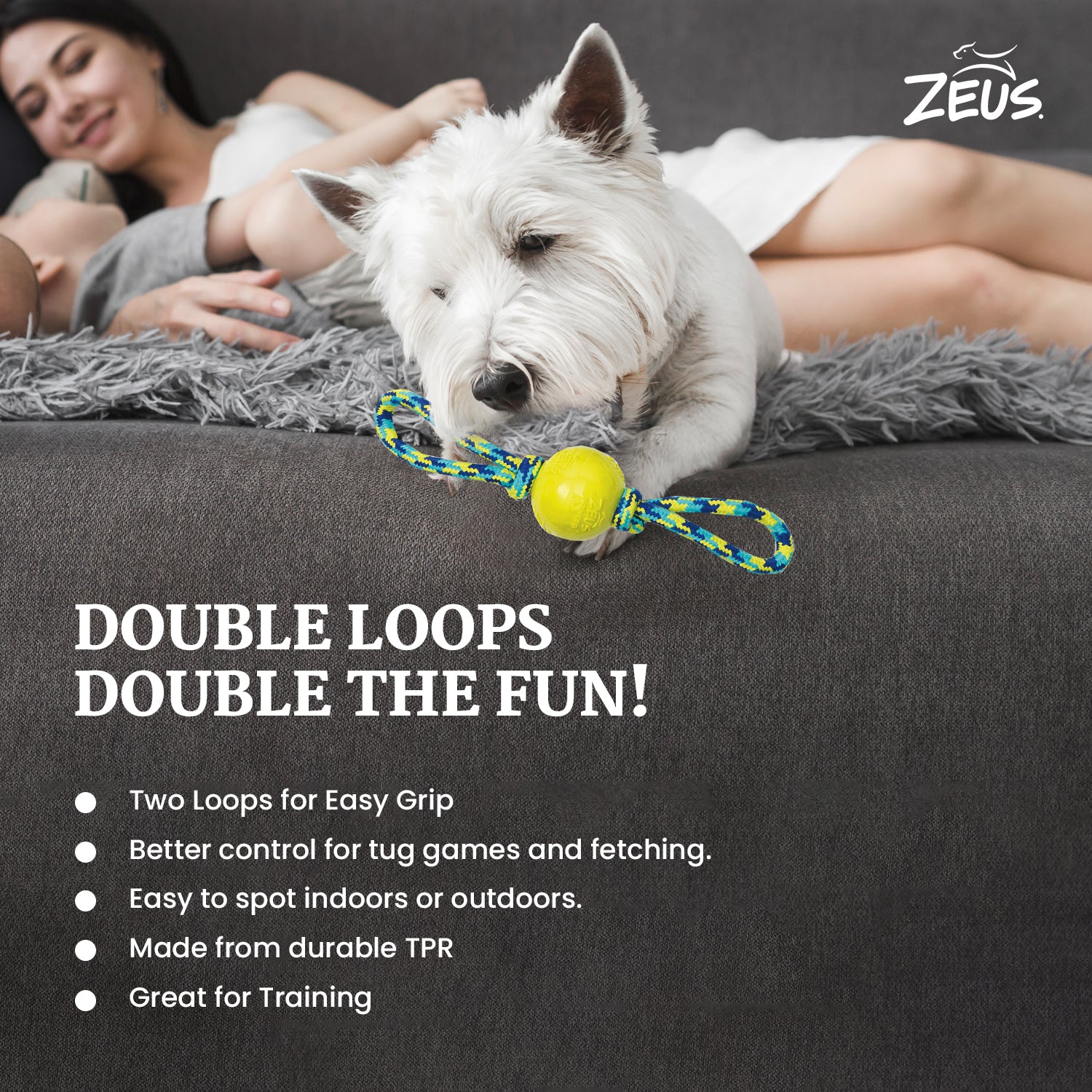Zeus Rope Ball Tug with Hand Loops Toy for Dogs (Blue)