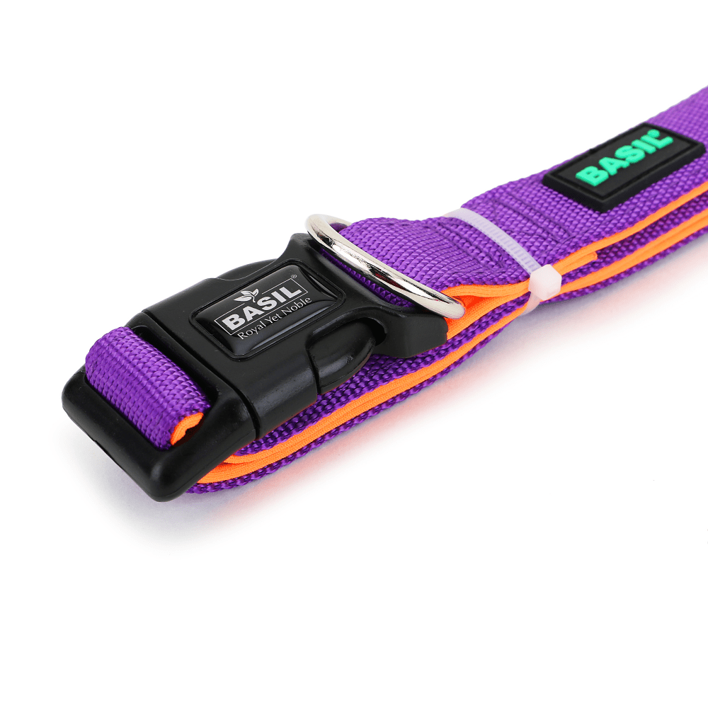 Basil Printed Adjustable Harness, Printed Leash and Nylon Padded Collar for Dogs Combo (Purple) - M