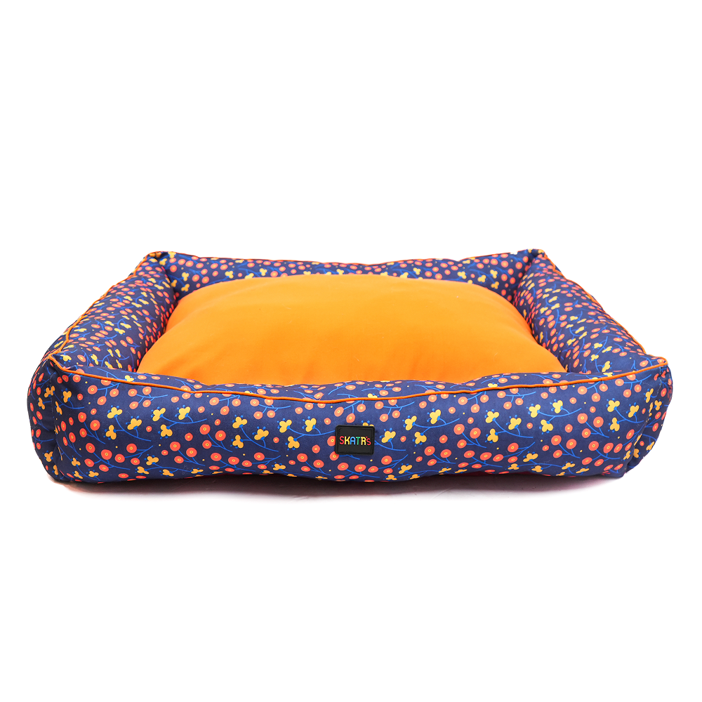 Skatrs Floral Bed for Dogs & Cats (Blue/Orange) Both-Bedding, Mats & Travel Supplies Skatrs
