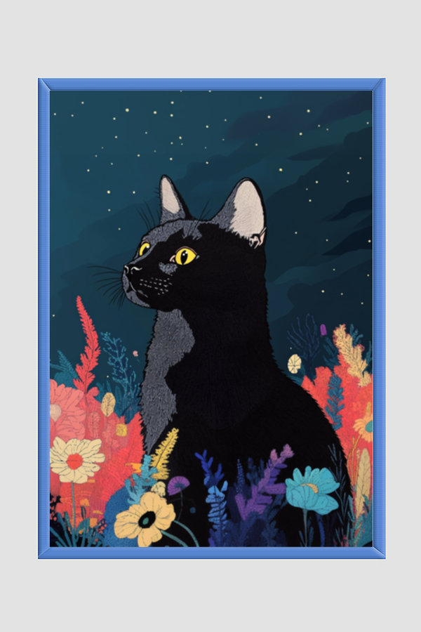 EverythingBoho The Black Cat Artistic Framed Art (Royal Blue)