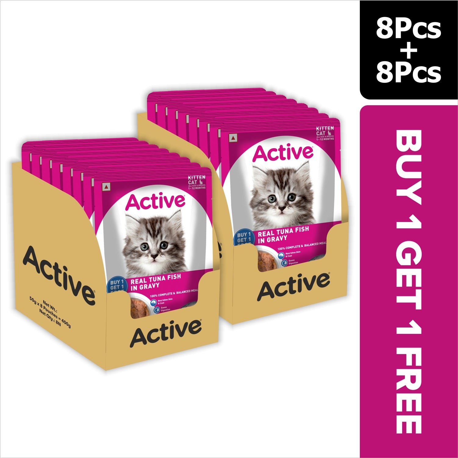 Active Real Tuna Fish in Gravy Kitten Cat Wet Food (Buy 1 Get 1) Cats-Wet Food Active 8x50g+8x50g