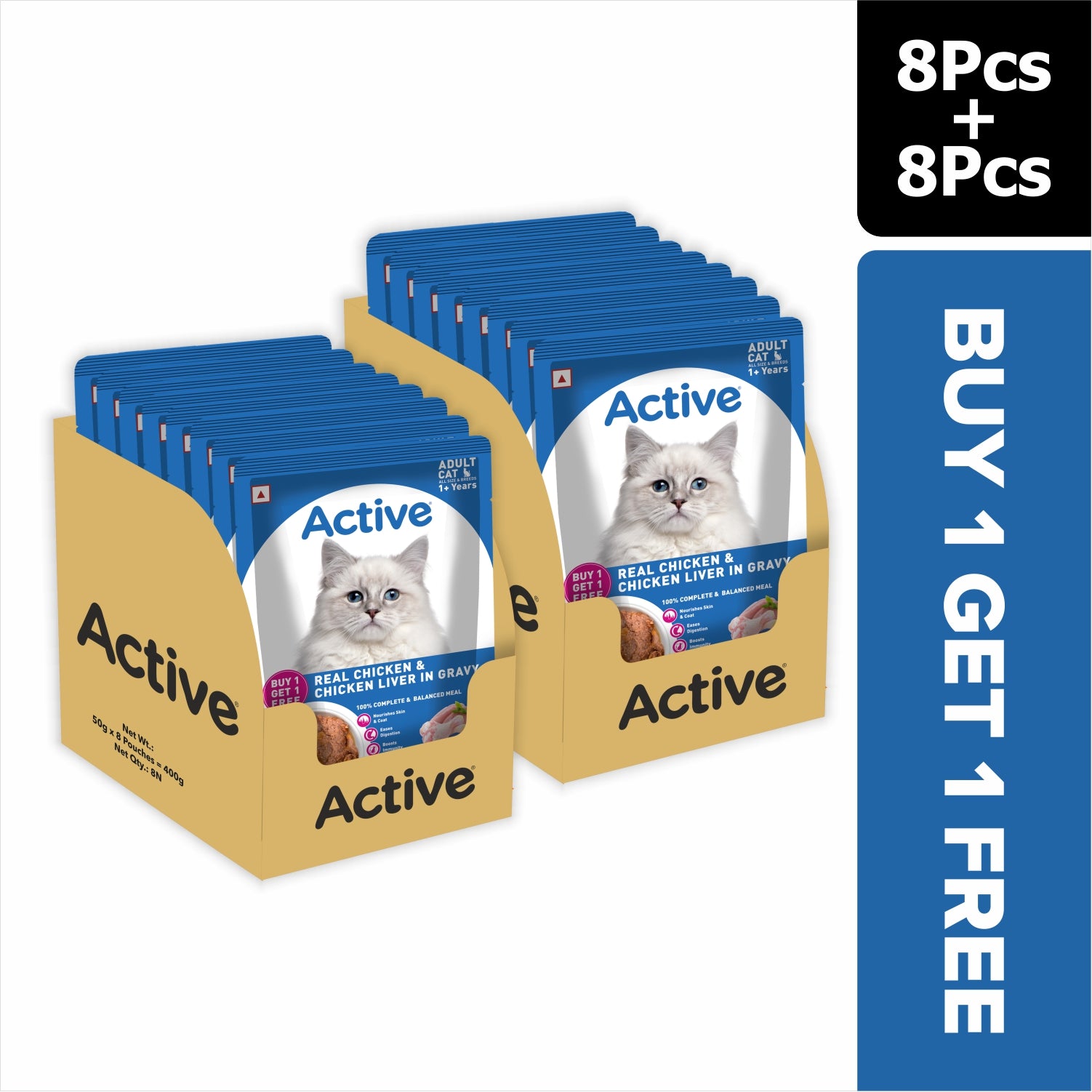Active Real Chicken & Chicken Liver in Gravy Adult Cat Wet Food ( Buy 1 Get 1) Cats-Wet Food Active 8x50g+8x50g