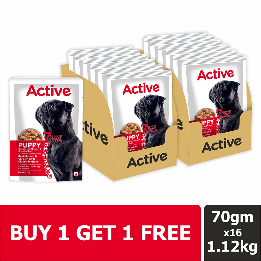 Active Real Chicken & Chicken Liver Chunks in Gravy Puppy Dog Wet Food (Buy 1 Get 1) Dogs-Wet Food Active 560g+560g