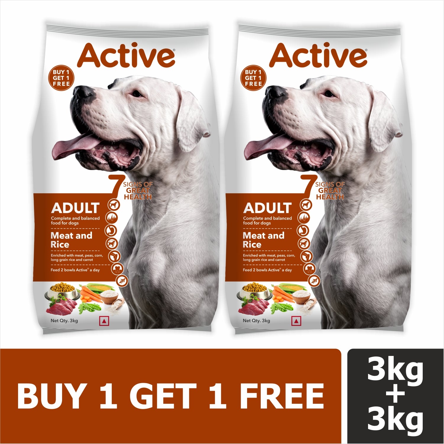 Active Meat and Rice Adult Dog Dry Food (Buy 1 Get 1) Dogs- Dry Food Active 3kg+3kg