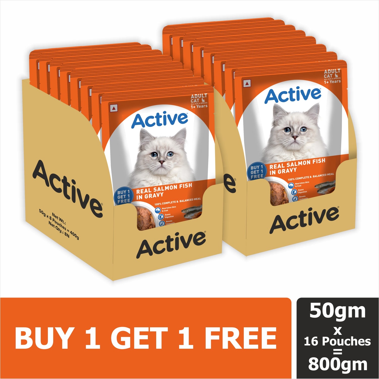 Active Real Salmon Fish in Gravy Adult Cat Wet Food ( Buy 1 Get 1 ) Cats-Wet Food Active 8x50g+8x50g