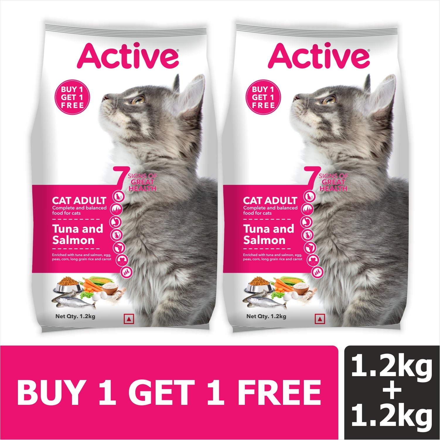 Active Tuna and Salmon Adult Cat Dry Food (Buy 1 Get 1) Cats- Dry food Active 1.2kg+1.2kg