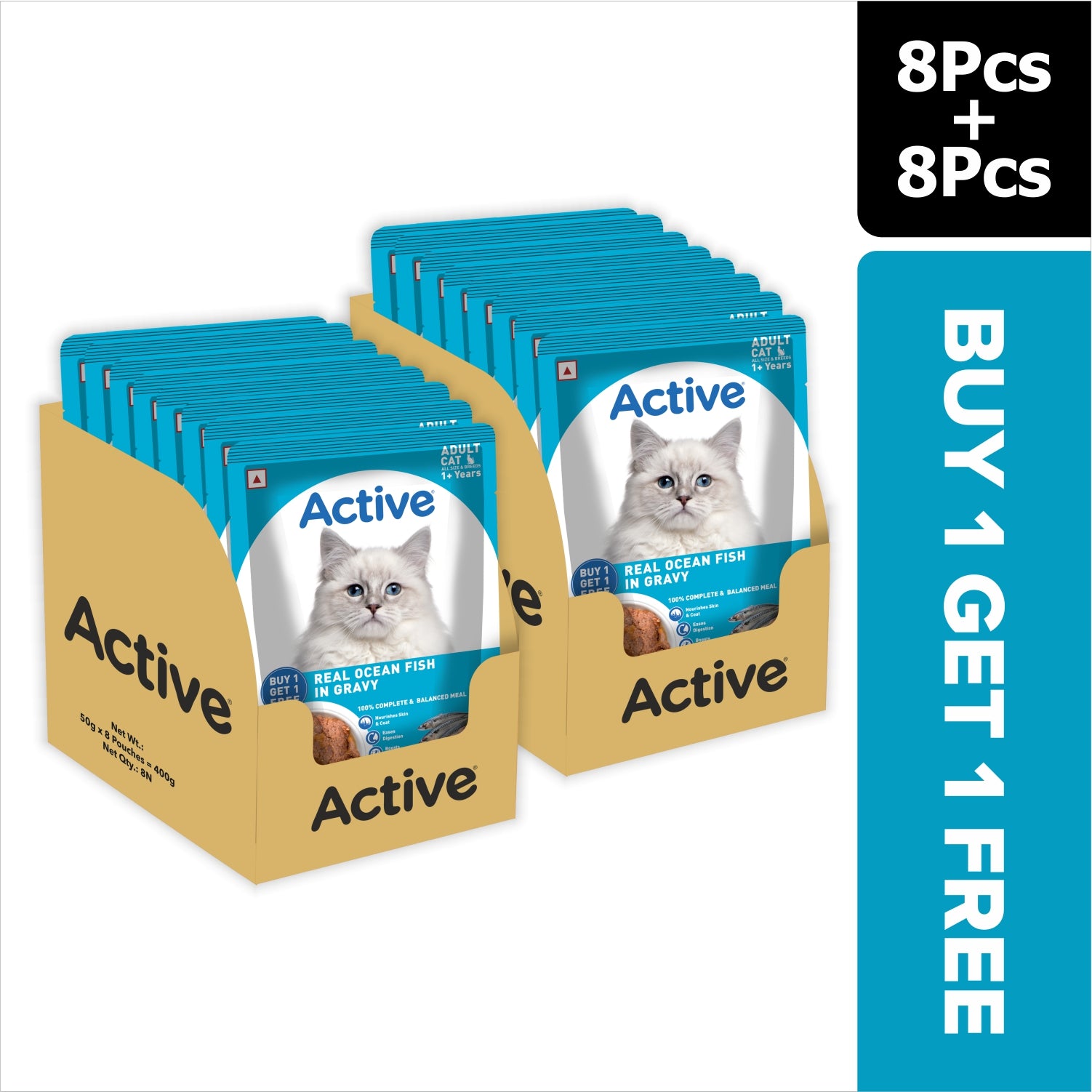 Active Real Ocean Fish in Gravy Adult Cat Wet Food ( Buy 1 Get 1) Cats-Wet Food Active 8x50g+8x50g