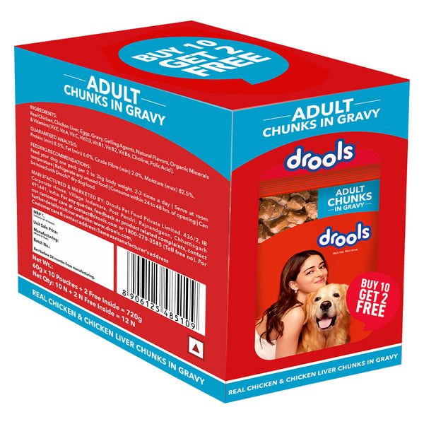 Drools Real Chicken & Chicken Liver Chunks in Gravy Adult Dog Wet Food (60g)