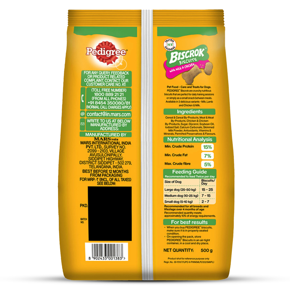 Pedigree Milk and Chicken Flavour Biscrok Biscuits Dog Treats (500g) Dog Treats + Others Pedigree