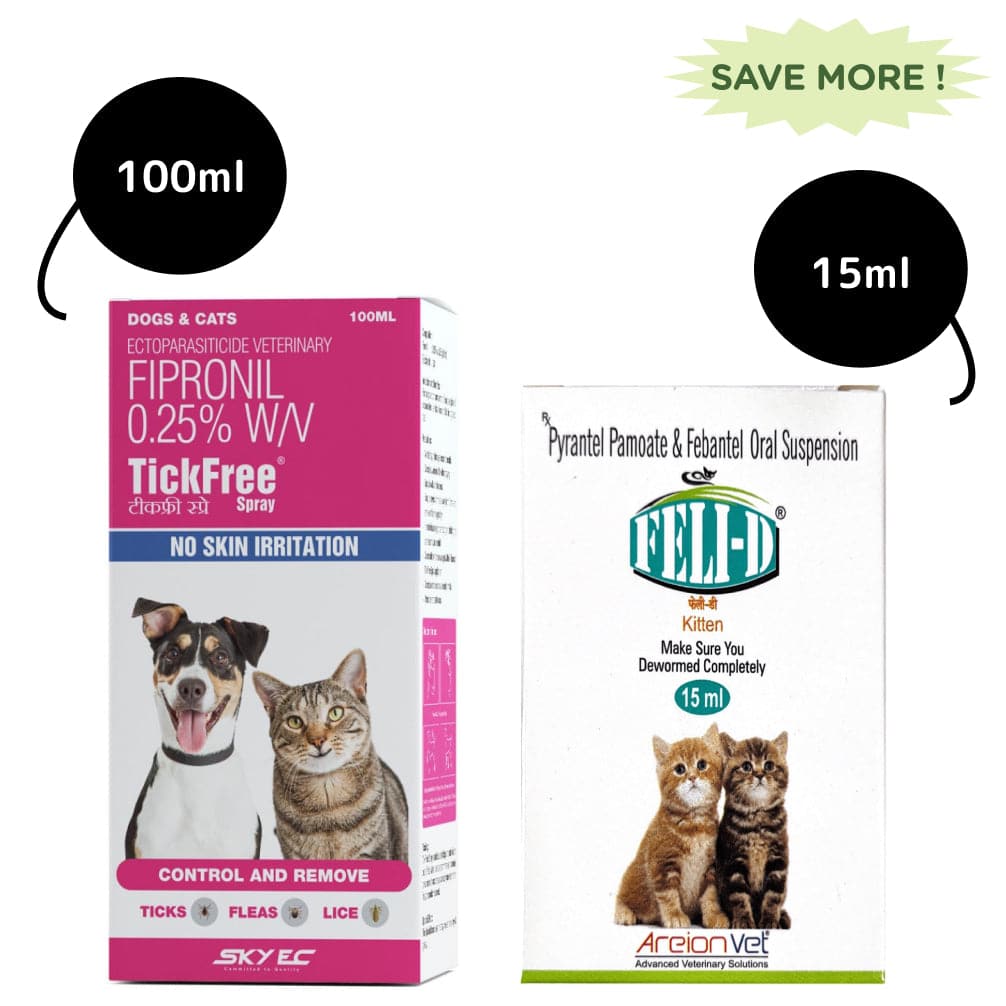 Areion Vet Feli D Suspension Kitten Dewormer and Tick Free Anti Tick & Flea Spray Combo Cats-Pharmacy Exclusive Combo 15mL+100mL