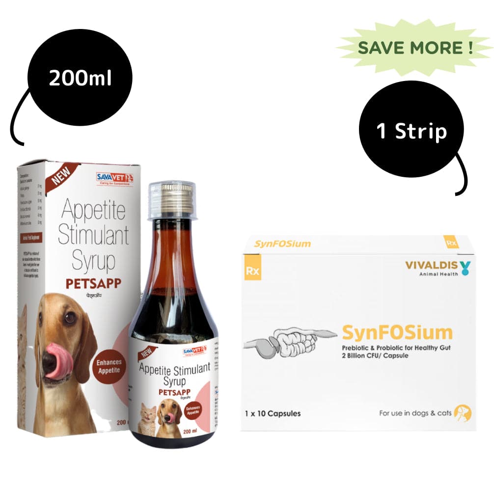 Synfosium Probiotic Capsule & Savavet Petsapp Appetite Booster Combo for Dogs & Cats Both-Pharmacy Exclusive Combo 1 Strip (10 tablets) + 200mL