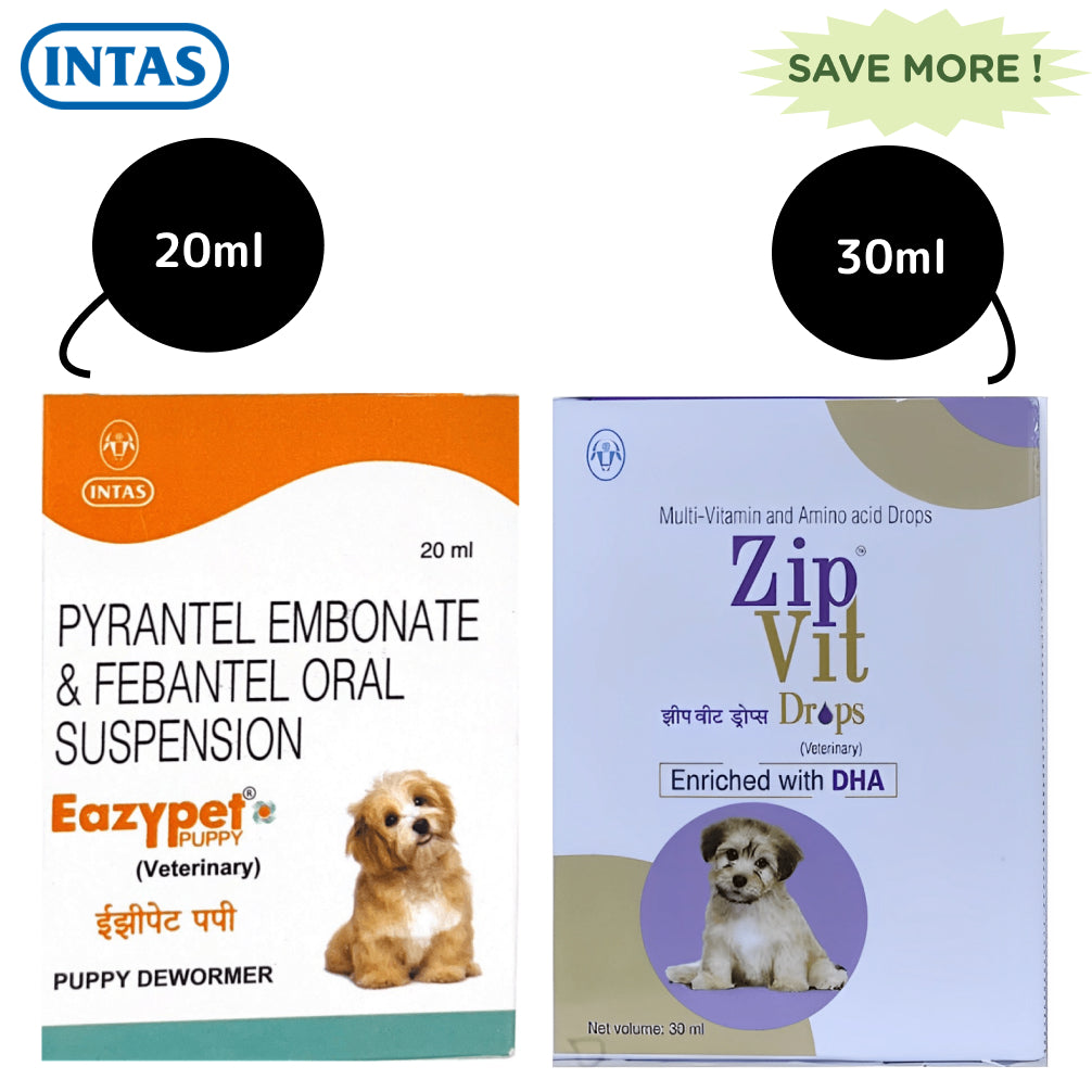 Intas Eazypet Dewormer and Zipvit Drops Multivitamin Supplement for Puppies Combo Dogs-Pharmacy Intas Pharmacy 20ml+30ml