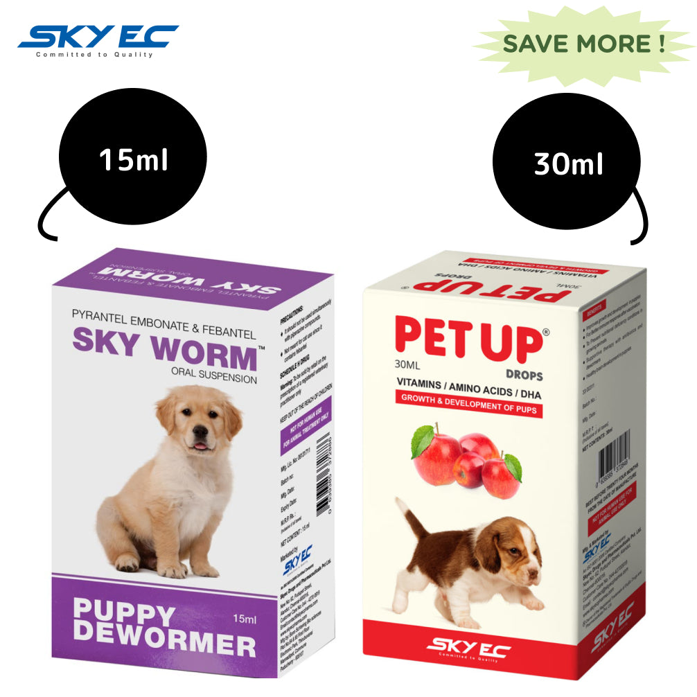 Skyec Skyworm Dewormer and Petup Drops Multi Vitamin Supplement for Puppies Combo Dogs-Pharmacy Skyec Pharmacy 15ml+30ml
