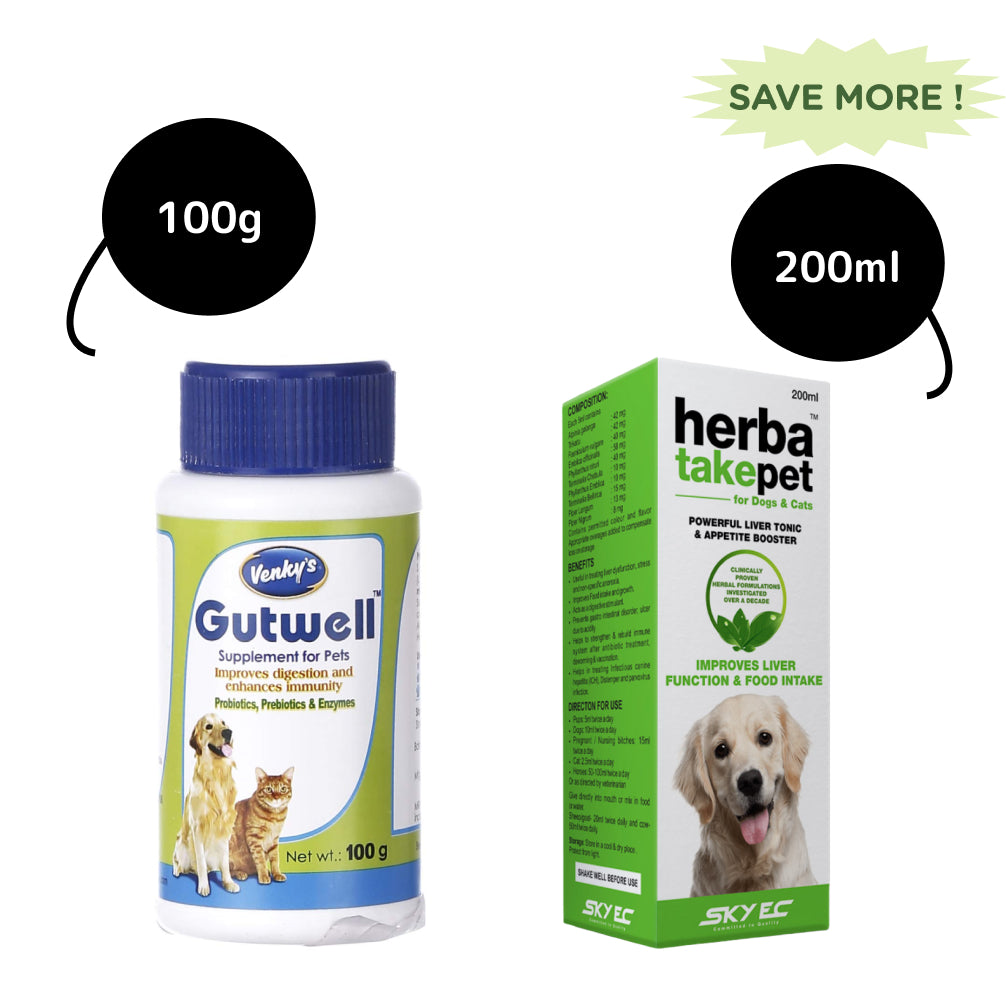 Gutwell Probiotic Powder (100g) & Herbatake Pet Liver Tonic (200ml) Combo for Dogs & Cats Both-Pharmacy Exclusive Combo 100g+200ml